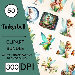 Juego de 50 imágenes prediseñadas de Campanilla: 300 DPI, alta resolución, fondo transparente para uso comercial, perfecto para manualidades y regalos de bricolaje