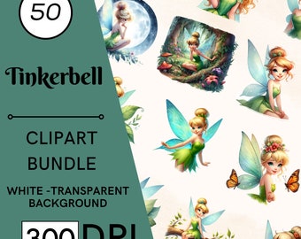 50 Watercolor Tinkerbell Clipart Set, PNG Graphics, Fantasy, Nursery Art, Commercial Use, Digital Download