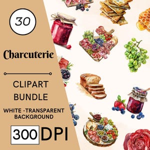 Juego de 30 imágenes prediseñadas de acuarela de charcutería: 300 DPI, alta resolución, fondo transparente, descarga digital, perfecto para regalos y manualidades de bricolaje