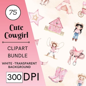 75 Cute Cowgirl Clipart Bundle, Pink Western Clipart, Cowgirl PNG, Cowgirl SVG, Watercolor Wild West Graphics, Cowboy Baby Shower Clipart