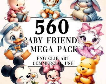 560 babyvrienden aquarel clipart megapack, png-fantasie sprookjesillustraties, commercieel gebruik, digitale download