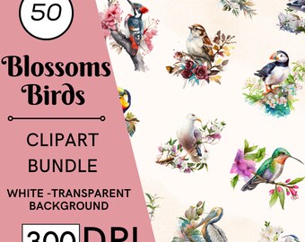 50 imágenes prediseñadas de aves en acuarela, ilustración de flores de primavera, PNG, JPG, uso comercial, descarga digital