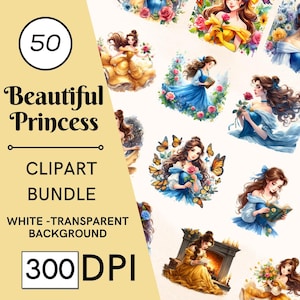 50 hermosos cliparts de princesas - 300 DPI, alta resolución, fondo transparente para uso comercial, perfecto para regalos y manualidades.