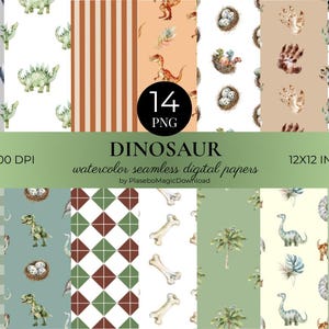 14 Watercolor Dinosaur Seamless Digital Paper, Jurassic Background Pattern, Scrapbook Pages, Printable File, Instant Download