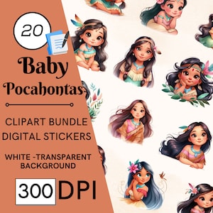 20 imágenes prediseñadas de Pocahontas bebé: imágenes prediseñadas de princesas nativas americanas, imágenes prediseñadas PNG de princesas amerindias, princesas amerindias de cuentos de hadas de fantasía PNG