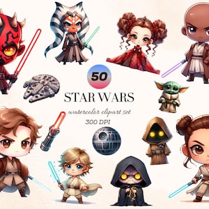 May include: Watercolor clipart set featuring 50 Star Wars characters in a chibi style. The set includes characters like Darth Maul, Ahsoka Tano, and Yoda, each holding lightsabers. The text "STAR WARS" is displayed prominently.
