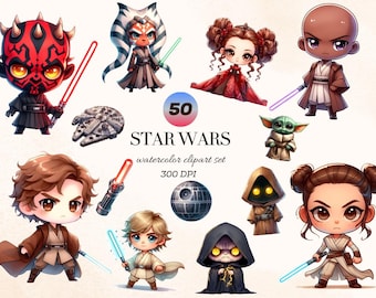 50 Space Wars Watercolor Clipart Set, High-Resolution PNG, Nursery Art, Commercial Use, Digital Download