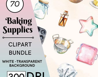 70 Watercolor Baking Clipart, Kitchen Utensils, Cooking Tools, Commercial Use, Digital Download