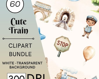 Set de 60 imágenes prediseñadas de trenes en acuarela, arte infantil, decoración infantil, uso comercial, descarga instantánea