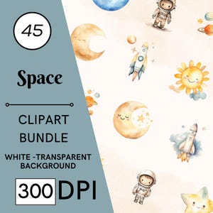 45 Aquarell Weltraum Clipart Bundle, Sonne Aquarell Clipart, Astronaut Raumschiff, Outerspace Clipart, Sterne und Mond PNG Instant Download