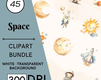 45 Watercolor Space Clipart Bundle, Sun, Astronaut, Rocket, Nursery Decor, Commercial Use, Digital Download