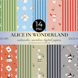 14 Alice in Wonderland Seamless Pattern, Alice Digital Papers, Alice wonderland scrapbook, Alice Wonderland paper designs, instant download