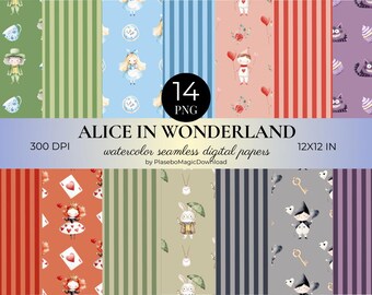 14 Alice in Wonderland Seamless Watercolor Paper, Scrapbook Designs (Digital Download)