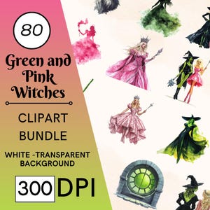 80 groene en roze heksen Cliparts - transparante Png digitale download - Elphaba, Glinda, Wizzard of Oz, Elmerald, broon, toverstaf - film