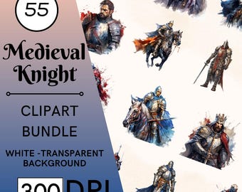 May include: A digital clipart bundle featuring 55 medieval knight illustrations. The images include knights in armor, some on horseback, with swords and shields. The text on the image reads "Medieval Knight Clipart Bundle" and "300 DPI". The background is white and transparent.
