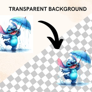 May include: A watercolour illustration of a blue alien character holding a blue umbrella in the rain. The character is smiling and splashing in puddles. The image has a transparent background.