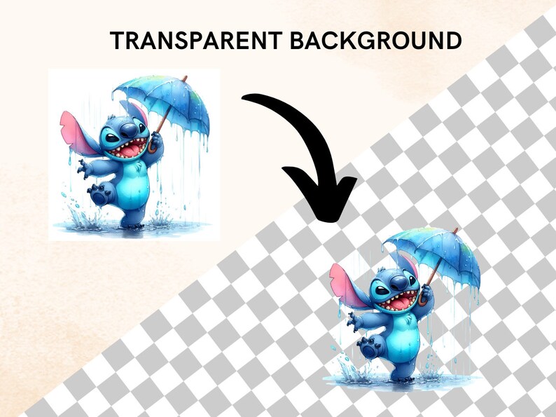 May include: A watercolour illustration of a blue alien character holding a blue umbrella in the rain. The character is smiling and splashing in puddles. The image has a transparent background.