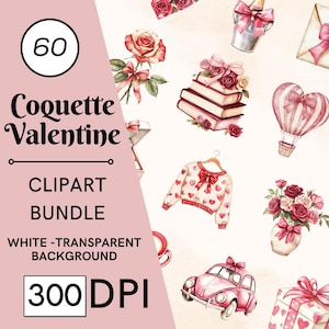 60 Coquette Valentine Clipart, Arco de aquarela para o dia dos namorados, Clipart de planejador rosa, PNG de uso comercial fofo de São Valentim, DOWNLOAD DIGITAL