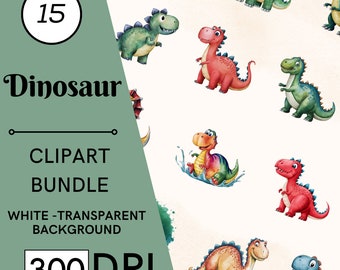 15 Watercolor Dinosaur Clipart, Cartoon Baby Dinosaurs, Nursery Art, Commercial Use, Digital Download