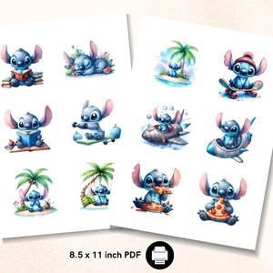 May include: A4 sheet with watercolour illustrations of Stitch from Lilo & Stitch. The images show Stitch in various poses, including reading, skateboarding, and eating pizza. The text "8.5 x 11 inch PDF" is at the bottom.