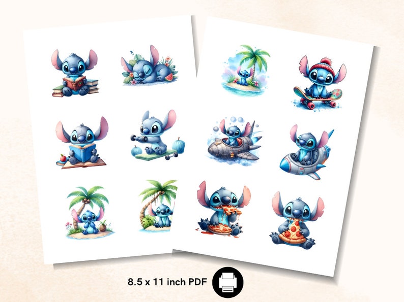 May include: A4 sheet with watercolour illustrations of Stitch from Lilo & Stitch. The images show Stitch in various poses, including reading, skateboarding, and eating pizza. The text "8.5 x 11 inch PDF" is at the bottom.