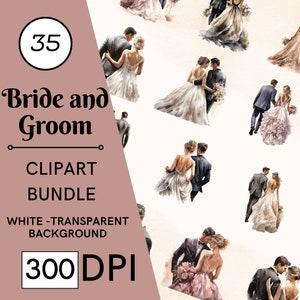 35 Pacote de clipart de costas de noiva e noivo em aquarela, dia do casamento PNG, clipart de recém-casados, clipart de sublimação de noiva e noivo romântico PNG