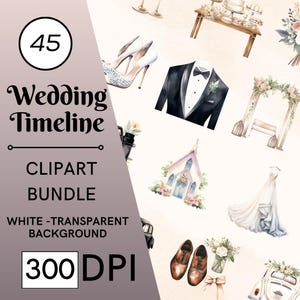 45 Wedding Timeline Clipart, Watercolor Wedding Clipart, Wedding PNG, Wedding Day Clipart, Clipart Wedding Elements, Wedding Cake Clipart