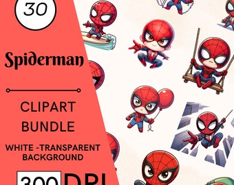 30 Watercolor Spidey Clipart Set, High-Resolution PNGs, Commercial Use, Digital Download