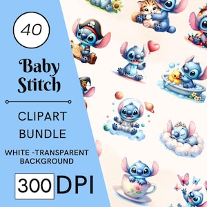40 aquarel baby stitch clipartset - 300 dpi, hoge resolutie, transparante achtergrond, digitale download, perfect voor doe-het-zelfcadeaus