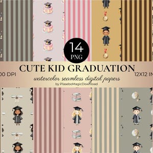 14 Graduation Seamless Pattern, Watercolor Kids, Caps & Diplomas, Digital Download