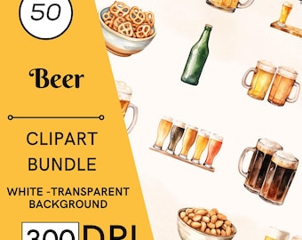 50 Beer Watercolor Clipart, Pub & Brewery Designs, Commercial Use, Digital Download
