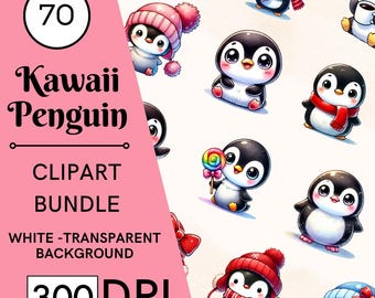 70 Kawaii Penguin Clipart, Winter Watercolor PNG, Nursery Art, Commercial Use, Digital Download