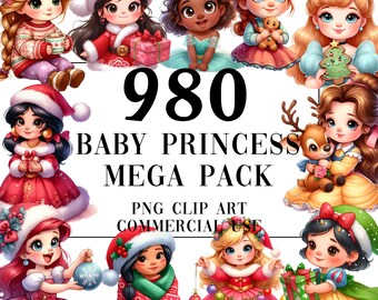 Christmas Baby Princess Clipart, Watercolor Disney Fairytale (PNG)