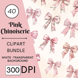 40 fiocchi rosa chinoiserie per bambina clipart, chinoiserie per cameretta per bambina per San Valentino, chinoiserie per cameretta rosa, fiocco rosa chiaro chinoiserie