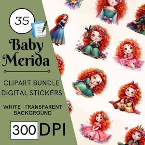 35 Princesa Merida Brave Clipart, PNG, Uso Comercial Completo, Clipart de Conto de Fadas de Fantasia em Aquarela, com Download Instantâneo, Coroa, Príncipes