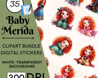 35 Baby Princess Merida Clipart, Watercolor Fairytale PNG, Fantasy, Fairytale, Commercial Use, Digital Download