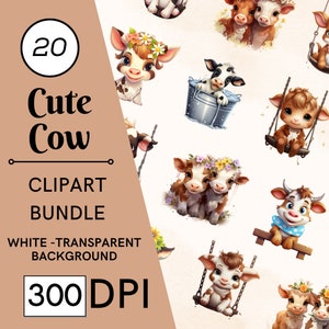 20 Cute Cow Clipart Bundle, Adorable Farm Animal, Farm Barn Animal PNG Clipart, Commercial Cute Cow PNG, Digital Paper Craft, Cow Clipart