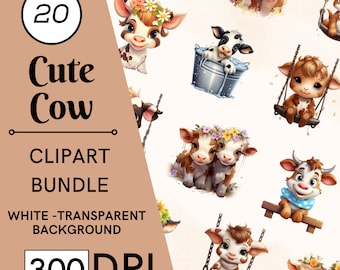 Watercolor Cow Clipart, Farm Animal PNG (Digital Download)