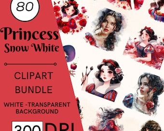 80 Snow White Clipart Set, Watercolor Princess Graphics, Fantasy Fairytale,  Commercial Use, Digital Download