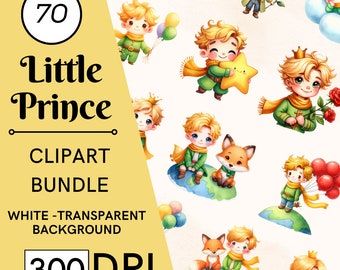 70 Watercolor Little Prince Clipart, PNG Bundle, Nursery Art, Commercial Use, Digital Download