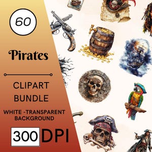 60 imágenes prediseñadas de piratas en acuarela, PNG transparentes de alta calidad, descarga instantánea, uso comercial: impresiones de calaveras y huesos, arte de aventuras marinas