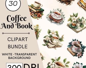 30 imágenes prediseñadas de café y libros, diseños acogedores de lectura en acuarela, PNG, uso comercial, descarga digital.