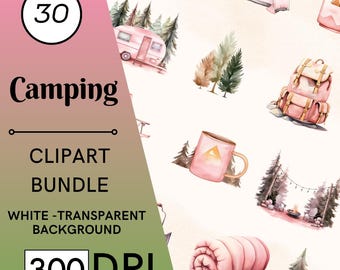 30 Pink Camping Watercolor Clipart, Pink Dreamy Outdoor PNG Set, Commercial Use, Digital Download