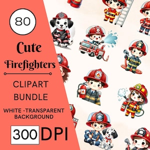 80 Cute Watercolor Firefighters Clipart Bundle, Firemen, Fire Truck, Hydrant, Dog, Fire Station, FireFighter PNG, Birthday Party Decor PNG