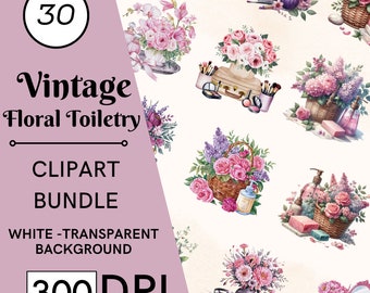 30 Vintage Floral Toiletry Clipart, Watercolor Perfume Graphics, PNG, JPG, Commercial Use, Digital Download