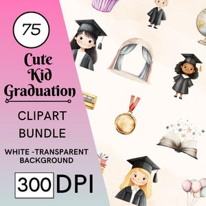 75 niedliches Kind Graduierung Clipart, sofortiger Download, Vorschul-Abschluss PNG, Aquarell Cap Kleid Bild, Abschlussfeier Dekor Schule Meilenstein