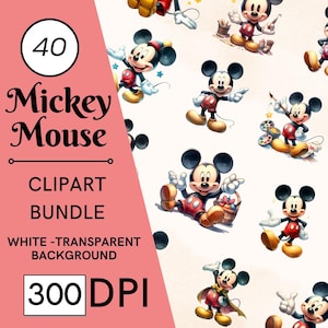Set di 40 clipart di Topolino - 300 DPI, alta risoluzione, sfondo trasparente, download digitale perfetto per regali e artigianato fai da te