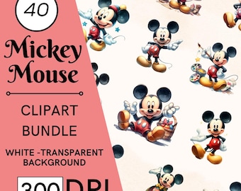 40 Mickey Mouse Watercolor Clipart, Woodland PNG, Nursery Art, Commercial Use, Digital Download