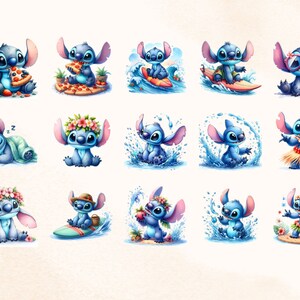 May include: A series of watercolour illustrations of the character Stitch from Lilo & Stitch. Stitch is shown in various poses, such as surfing, eating pizza, wearing sunglasses, and wearing a lei. The illustrations are in shades of blue and pink.