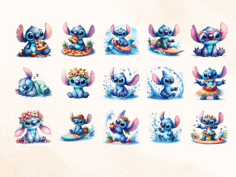 May include: A series of watercolour illustrations of the character Stitch from Lilo & Stitch. Stitch is shown in various poses, such as surfing, eating pizza, wearing sunglasses, and wearing a lei. The illustrations are in shades of blue and pink.